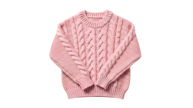 Warm, cozy cable knit garment in a soft pink shade presented on a solid black background