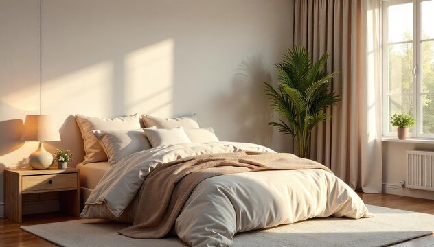 A serene bedroom, bathed in soft light, featuring calming colors and plush textures, promoting a sense of peace and tranquility  Perfect for relaxation and mindful rest ,  home decor,  quiet