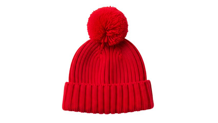 Bright red knitted winter hat featuring a fluffy pom pom on top, isolated on black