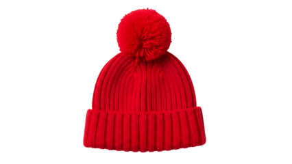 Bright red knitted winter hat featuring a fluffy pom pom on top, isolated on black