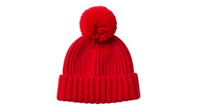 Bright red knitted winter hat featuring a fluffy pom pom on top, isolated on black