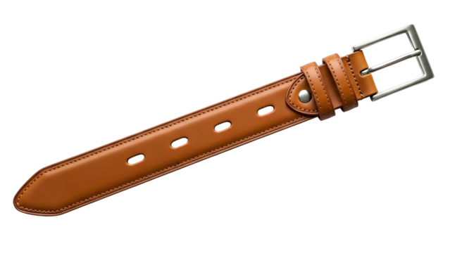Classic brown leather waist accessory featuring a polished metallic buckle isolated on a deep black background.