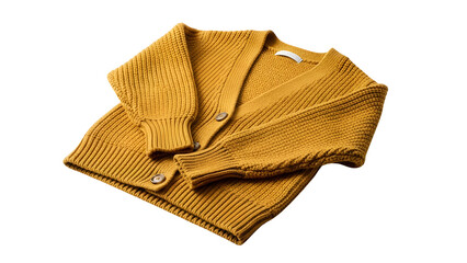 Knitted mustard colored outerwear garment is displayed against a dark background