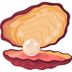 Open oyster displaying a luminous pearl inside a stylized shell with a deep red exterior and a soft pink interior illuminated by warm golden light