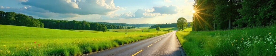 Fototapeta premium A winding country road stretches into the distance, bordered by lush green fields and towering trees under a bright summer sky Perfect for travel, adventure, and nature themes , calm, rural