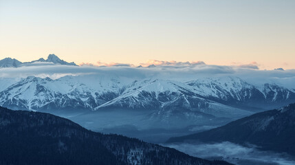 Dramatic Mountain Vista Blue Hour Snowy Peaks Misty Valleys - Stunning Winter Landscape Photography
