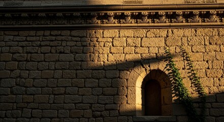 Ancient Stone Wall with Arched Niche and Climbing Plant in Golden Light