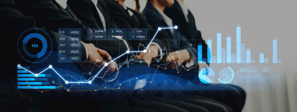 Group of business professionals in suits sitting attentively during a conference with a digital data overlay depicting growth trends and analytics in corporate space. Scalp