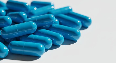 A close-up studio shot featuring a pile of vibrant blue medicine capsules