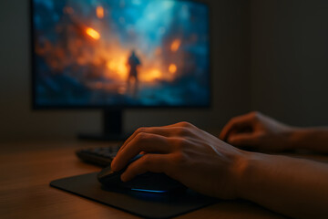 Close-up of hands typing on a glowing keyboard, a laptop in a brightly