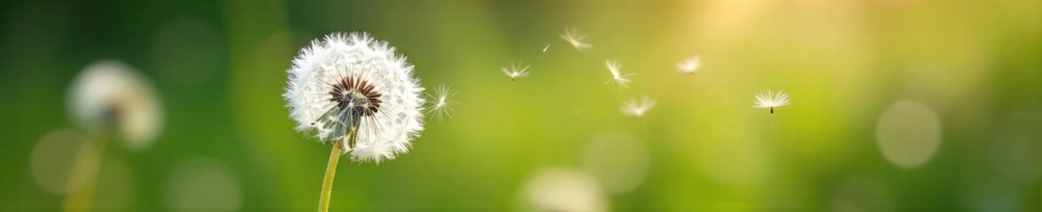 Close-up of delicate, feathery white dandelion seeds floating on the breeze, ethereal and light, captured in soft natural light ,  closeup,  natural,  serenity