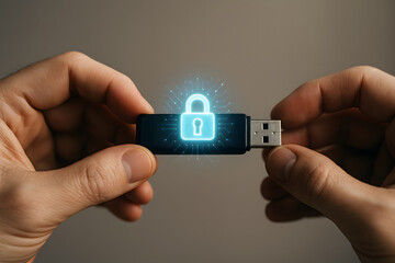 Hand holding usb flash drive with glowing lock icon.  Cyber protection concept