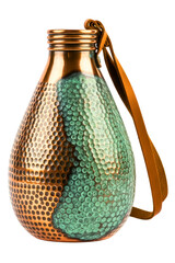 Hammered copper flask with green patina and leather strap isolated on transparent background