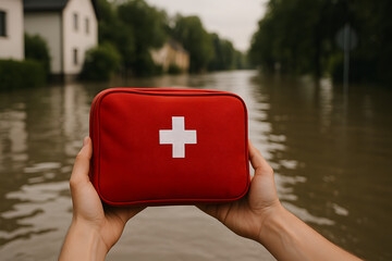 red first aid kit holding in hand for flooded