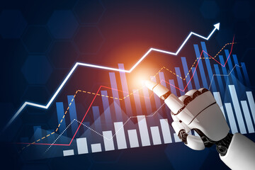 A futuristic robotic hand points at a rising financial graph, symbolizing data analysis and technological progress in market trends and economic growth. Scalp