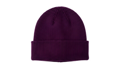 Knitted deep purple skullcap rests against a solid black background