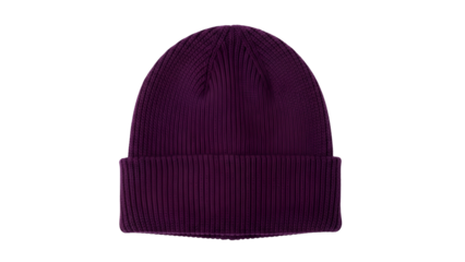 Knitted deep purple skullcap rests against a solid black background