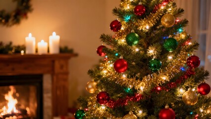 A beautifully decorated Christmas tree with twinkling lights, colorful baubles, and tinsel. The tree is set against a softly lit room, with glowing candles and a fireplace in the background.