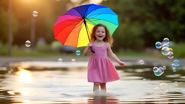 Small girl dancing in water with umbrella