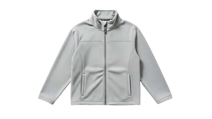 Gray full zip fleece jacket displayed against a solid black background