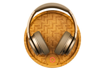 Gold wireless over-ear headphones on a bamboo charging stand isolated on transparent background