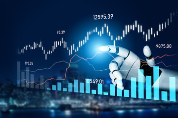 A robotic hand interacts with financial graphs and data, illustrating the integration of artificial intelligence in stock market analysis and trading strategies. Scalp