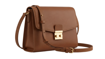 Rectangular leather shoulder bag in rich brown color displayed against a solid black background