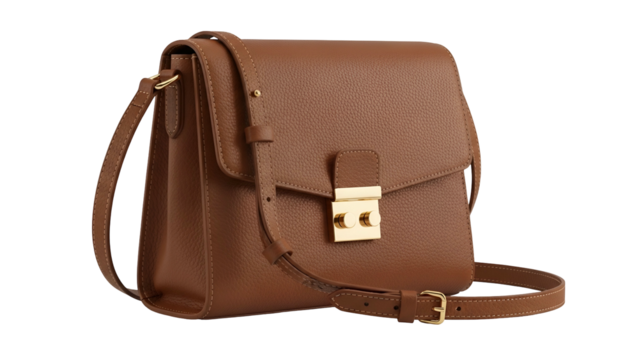 Rectangular leather shoulder bag in rich brown color displayed against a solid black background