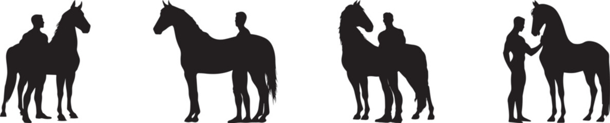 Fototapeta premium Silhouette of man standing beside horse showing trust, companionship, and bond between human and animal, symbolizing care, friendship, training, and connection in nature and equestrian lifestyle