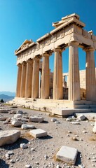 Obraz premium Majestic Parthenon temple ruins on Acropolis hill in Athens, Greece, under a clear blue sky Ancient Greek architecture, iconic landmark, historical site, cultural heritage , culture, ancient world
