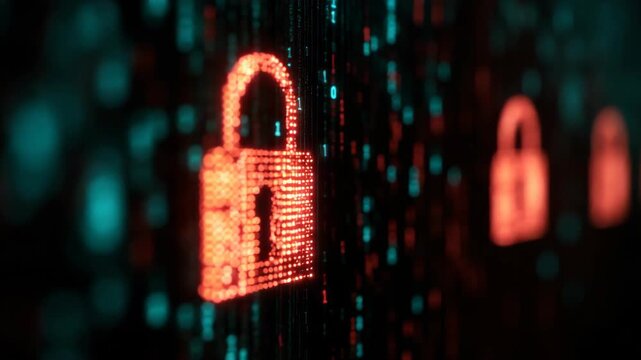 digital double lock with electronic futuristic datal light trail background, Cybersecurity and data management concept