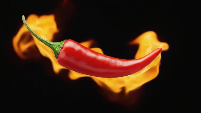 hot chili pepper in flame isolated on black background video	
