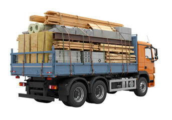 Loaded construction truck hauling lumber materials