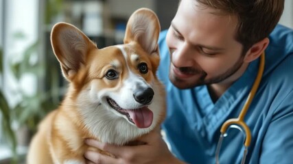 A caring veterinarian shares a joyful moment with a cheerful corgi in a bright clinic. The bond between them reflects warmth and trust, showcasing a love for pets and their care.