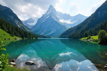 Serene mountain lake reflecting the majestic peaks, surrounded by lush greenery and a tranquil atmosphere Perfect for travel, nature, and environmental projects , lake, environment