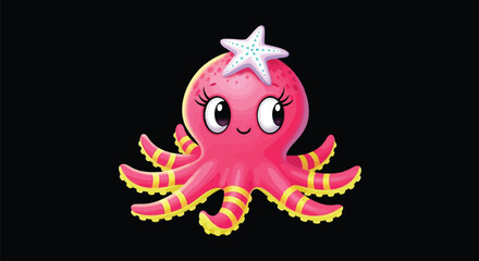 Fototapeta premium Cute cartoon pink octopus with a starfish on its head