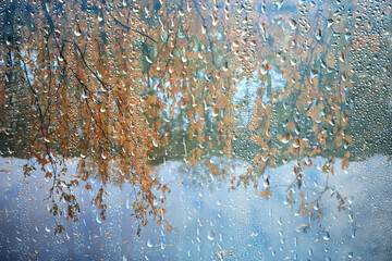 Wet weather, drops of autumn rain on the glass, autumn landscape outside the window, weather change