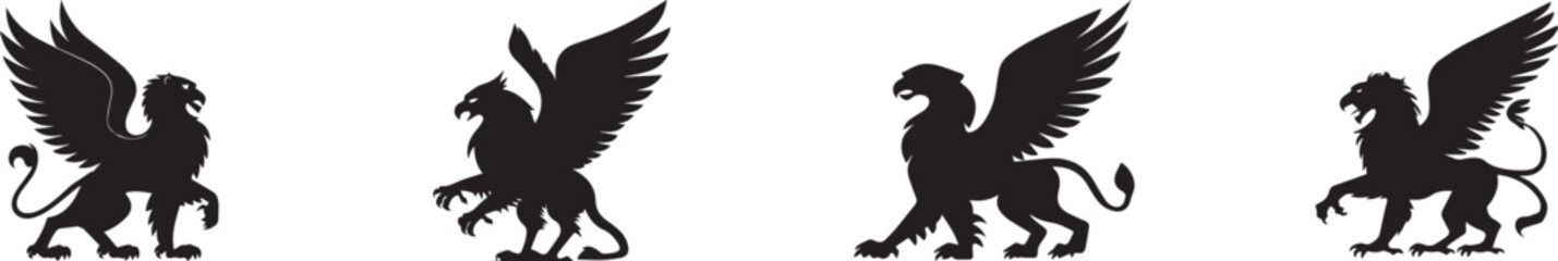 Obraz premium Silhouette of majestic griffins with wings spread, symbolizing strength, power, and fantasy mythology creatures, perfect for medieval art, fantasy design, tattoo, logo, and mythological illustration c