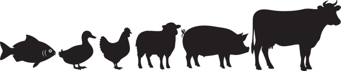 Farm animals and fish silhouettes lineup