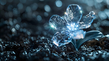 Crystal Flower Emerging From Dark Earth Symbolizing Hope and New Beginnings