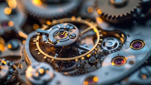 This video showcases detailed close-ups of clockwork machinery. Perfect for educational use or creative projects. Explore the wonders of engineering and design. Generative AI