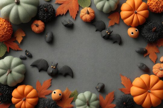 Halloween themed arrangement with pumpkins, bats, and vibrant orange autumn leaves - Powered by Adobe
