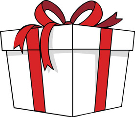 White gift box with red ribbon and big bow, clean minimal vector illustration, wrapped present icon isolated on white, festive celebration concept.