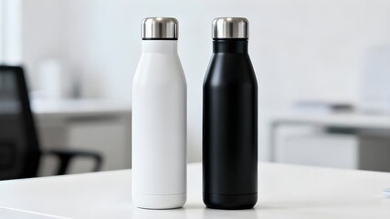 A clean, professional photograph showcasing two tall, sleek, insulated water bottles with silver metallic caps, standing side-by-side on a white office desk.