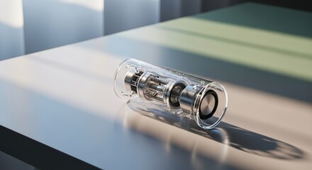 Transparent Portable Speaker on Minimal Desk with Soft Ambient Light