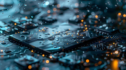 Abstract Futuristic Motherboard Design with Golden Particles and Blue Lighting