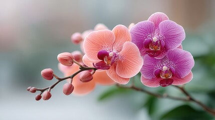 Obraz premium Delicate Blooming Orchid Flowers In Shades Of Pink And Orange With Soft Focus Background In Natural Light