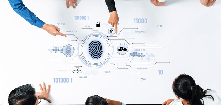 A diverse group of business professionals collaborates around a table discussing digital security and technology, using innovative fingerprint graphics and data protection strategies. Trope