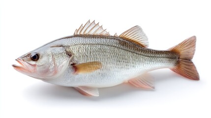 Obraz premium Detailed Studio Portrait of a Silver and Black Bass Fish with Light Pink Fins and Gills Against a Clean White Background with Soft Shadow