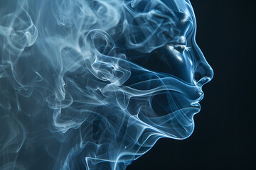 Ethereal Female Profile Composed of Flowing Blue Smoke on Dark Backdrop